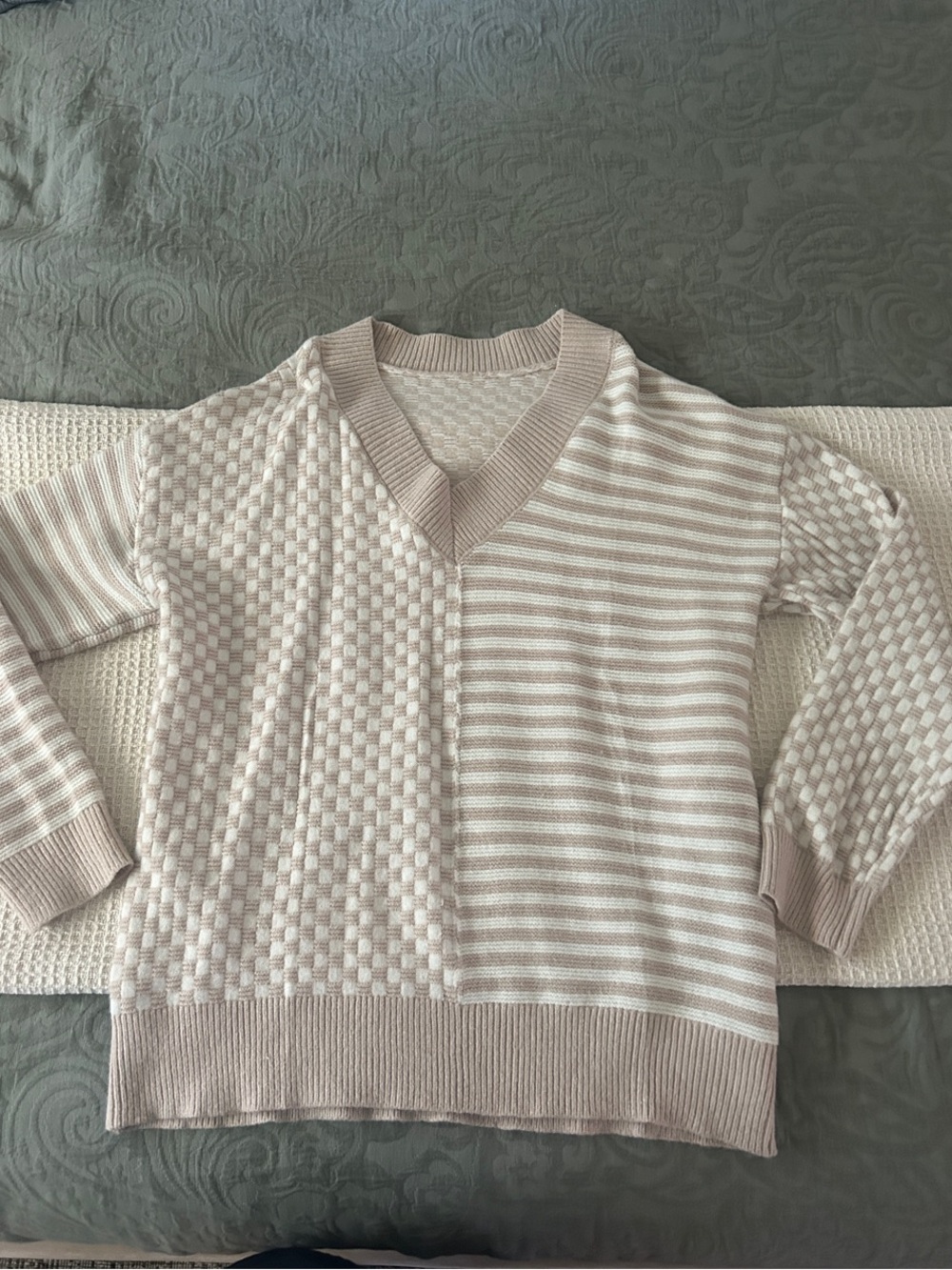 Striped & Check V-Neck Knit Sweater in Light Beige